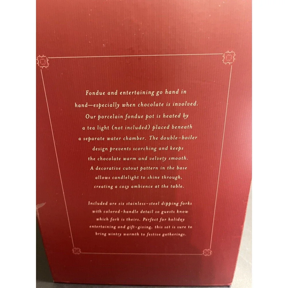 Williams Sonoma Porcelain Fondue Pot with 6 Dipping Forks - New in Box